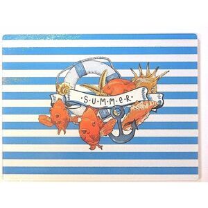 Nautical Summer Tempered Glass Cutting Board Seashells Fish Blue White Stripes